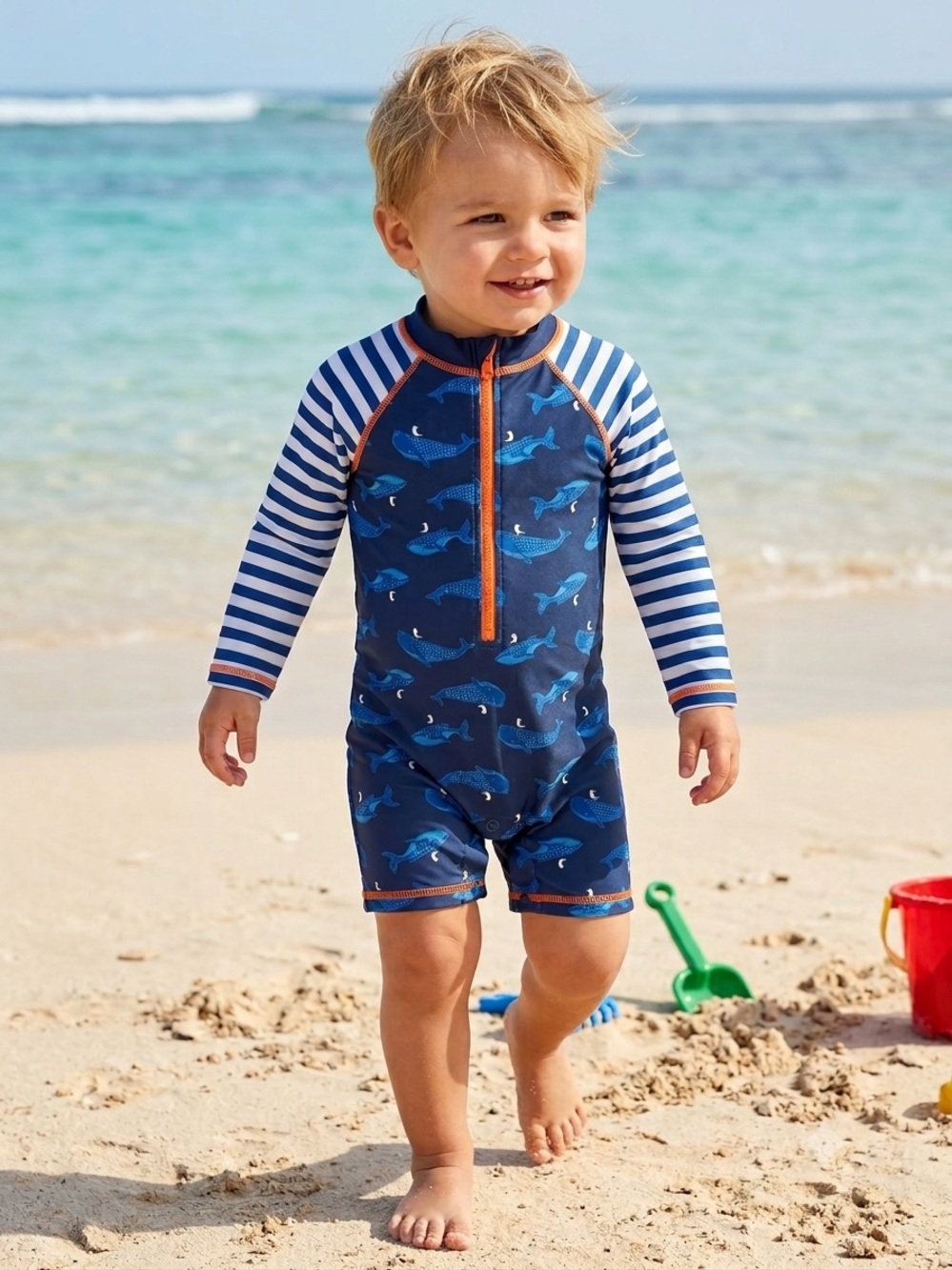 🎉 (18m) Toddler Boys Whale Print One-Piece Rash Guard Swimsuit